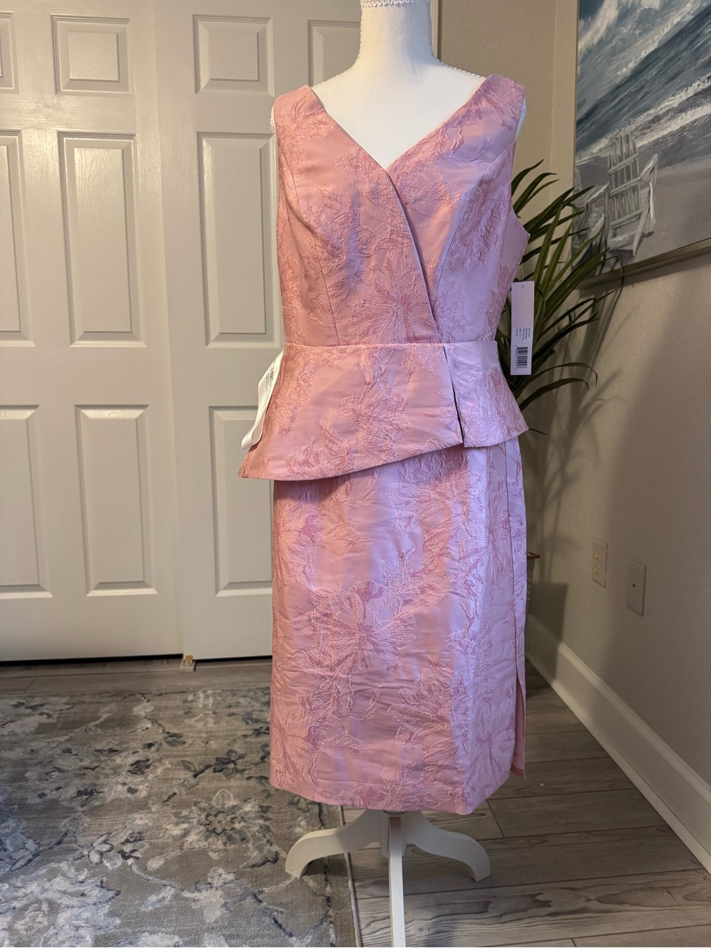 Kay Unger  Pink Jacquard Peplum Midi Dress Size 10